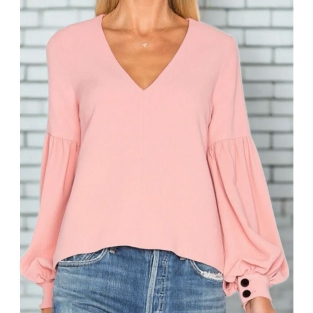 ALEXIS | 'Ellena'‎ Pink V-Neck Balloon Sleeve Blouse Velvet Button Cuff | Large